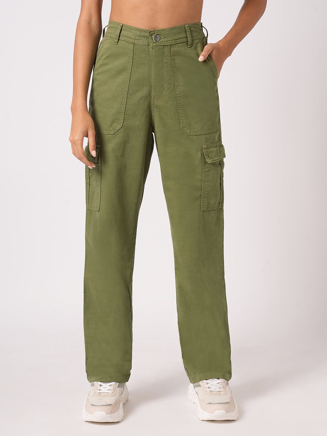 Women's Green Casual High Rise Regular Fit Cargos