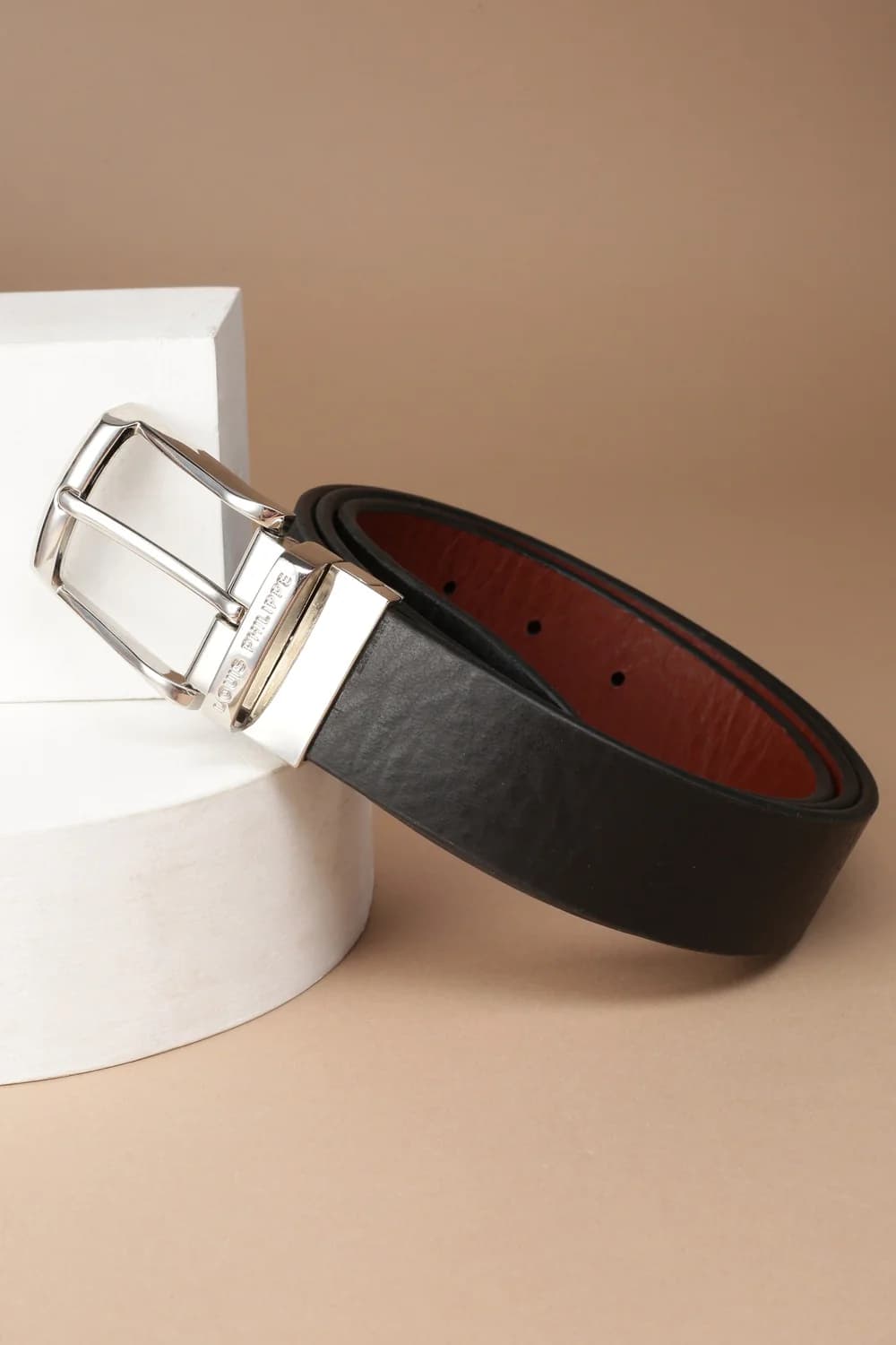 Men's Black & Brown Textured Formal Italian Leather with Shiny Nickel Buckle Belt