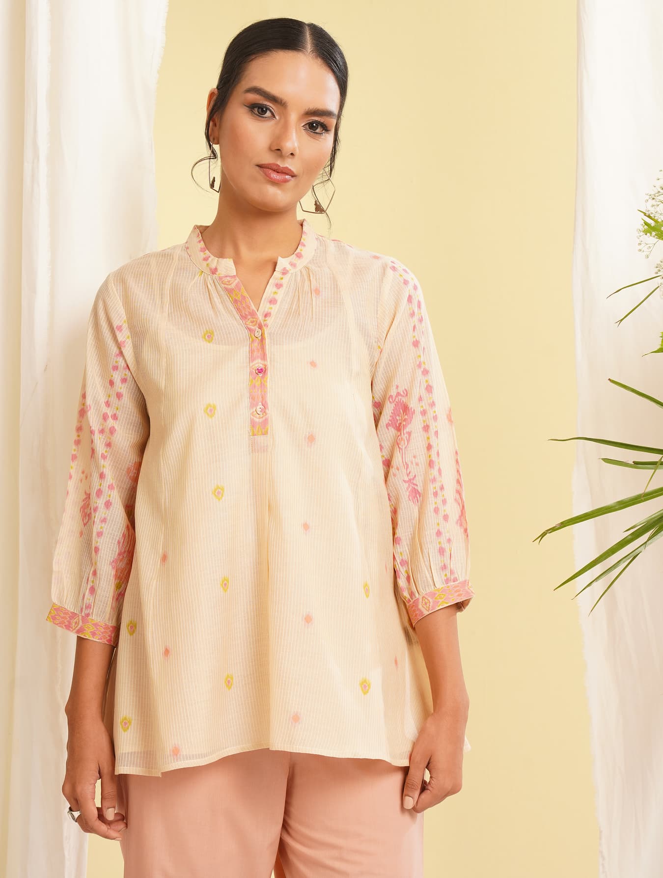 Women's Beige Casual Regular Fit Self-Design Three Quarter Sleeves Top