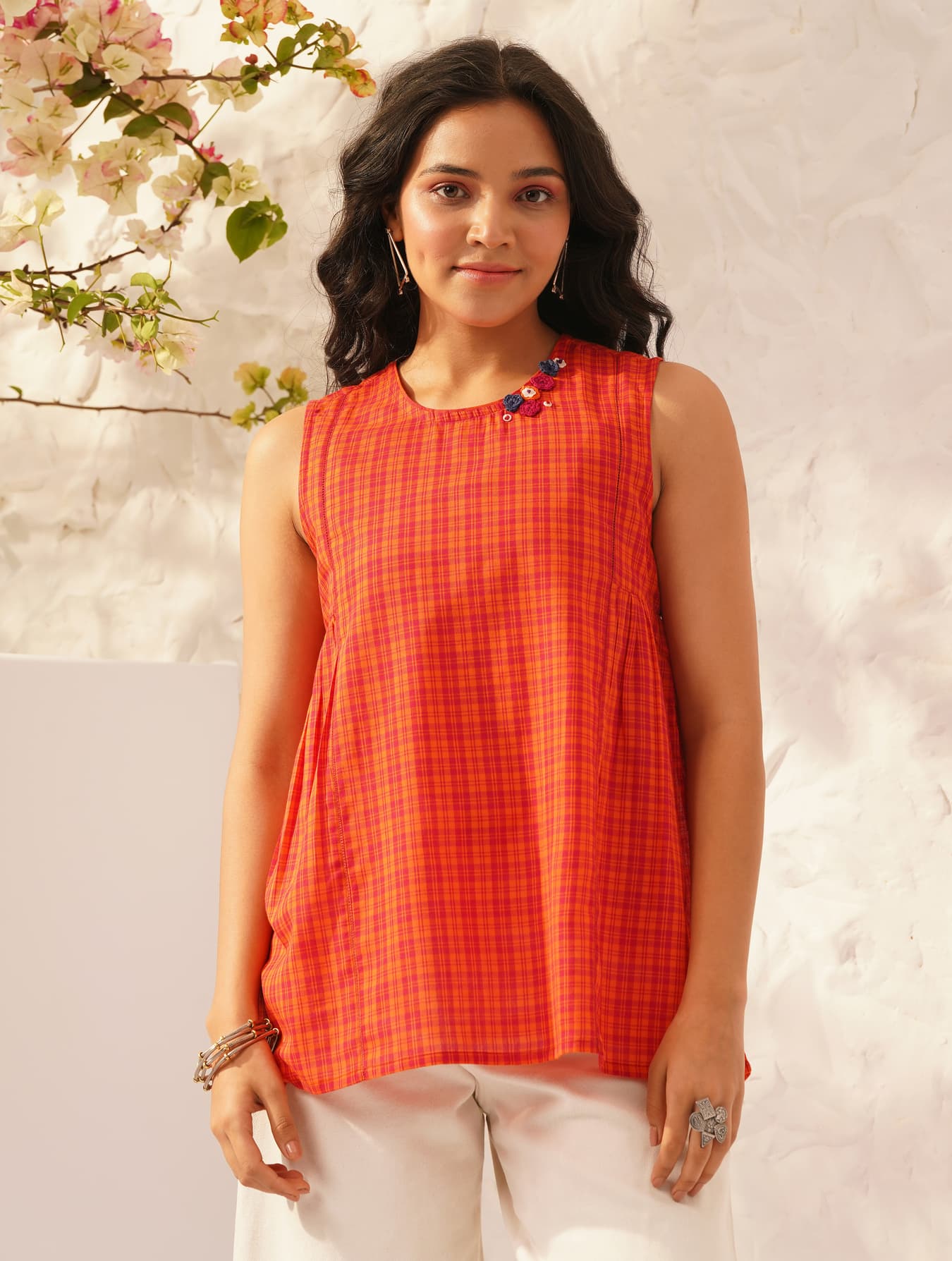 Women's Orange Casual Regular Fit Gingham Sleeveless Top