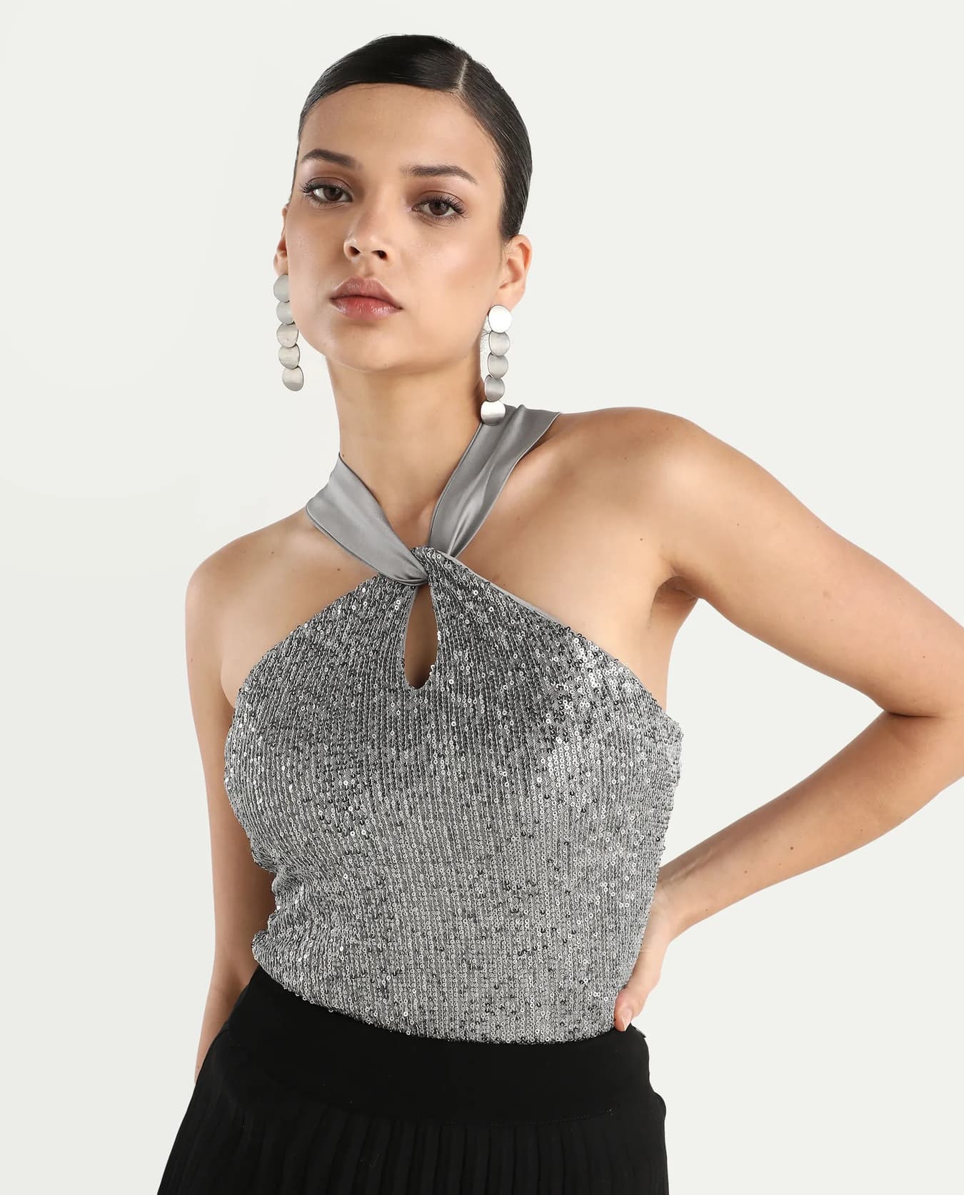 Women's Grey Party Sequins Regular Fit Halter Neck Top