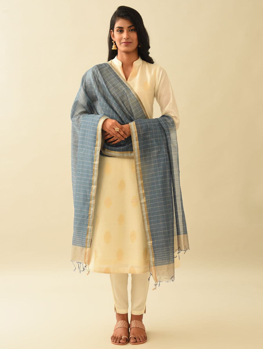 Women's Blue Cotton Silk Checks Hand Woven Dupatta