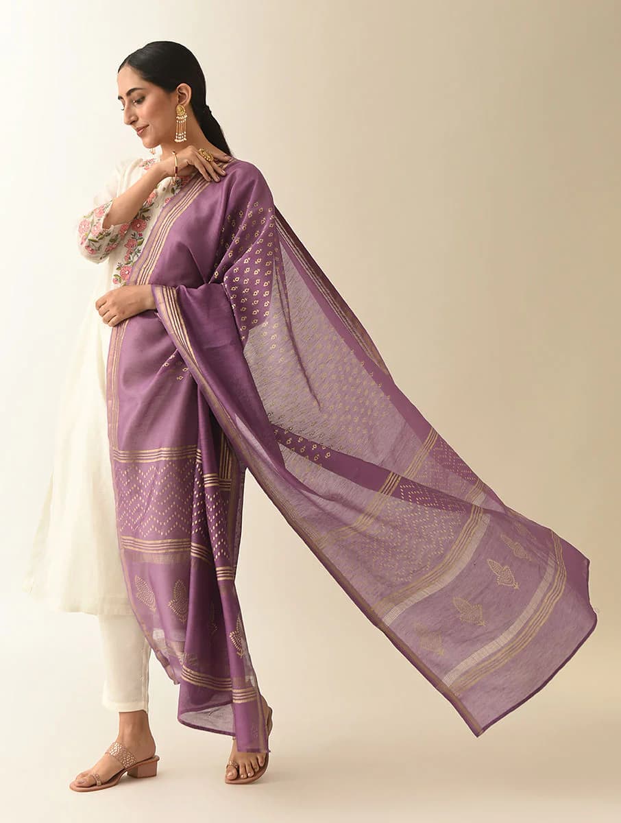Women's Purple Cotton Silk Printed Block Print Dupatta