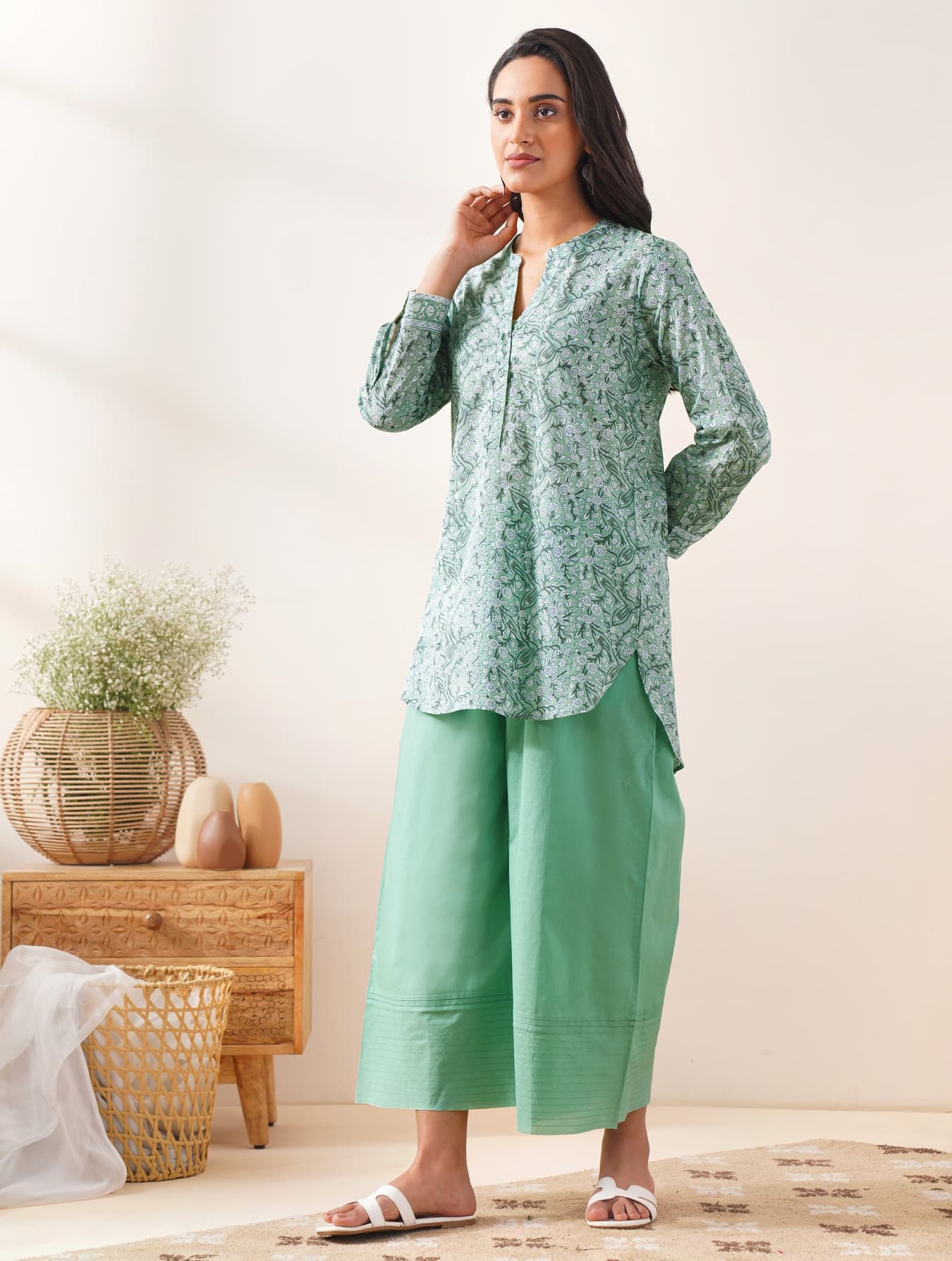 Women's Green Casual Regular Fit Three Quarter Sleeves Co-ords Set