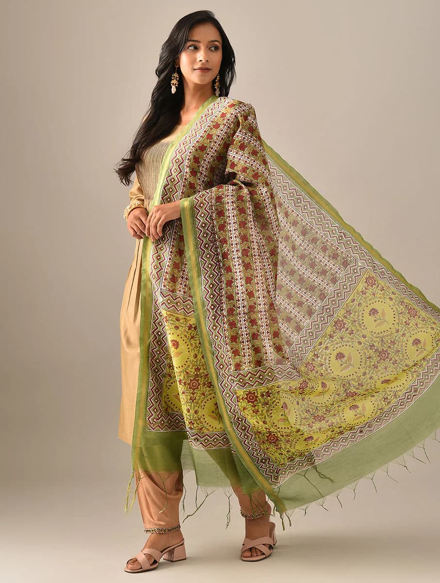 Women's Green Cotton Silk Printed Block Print Dupatta