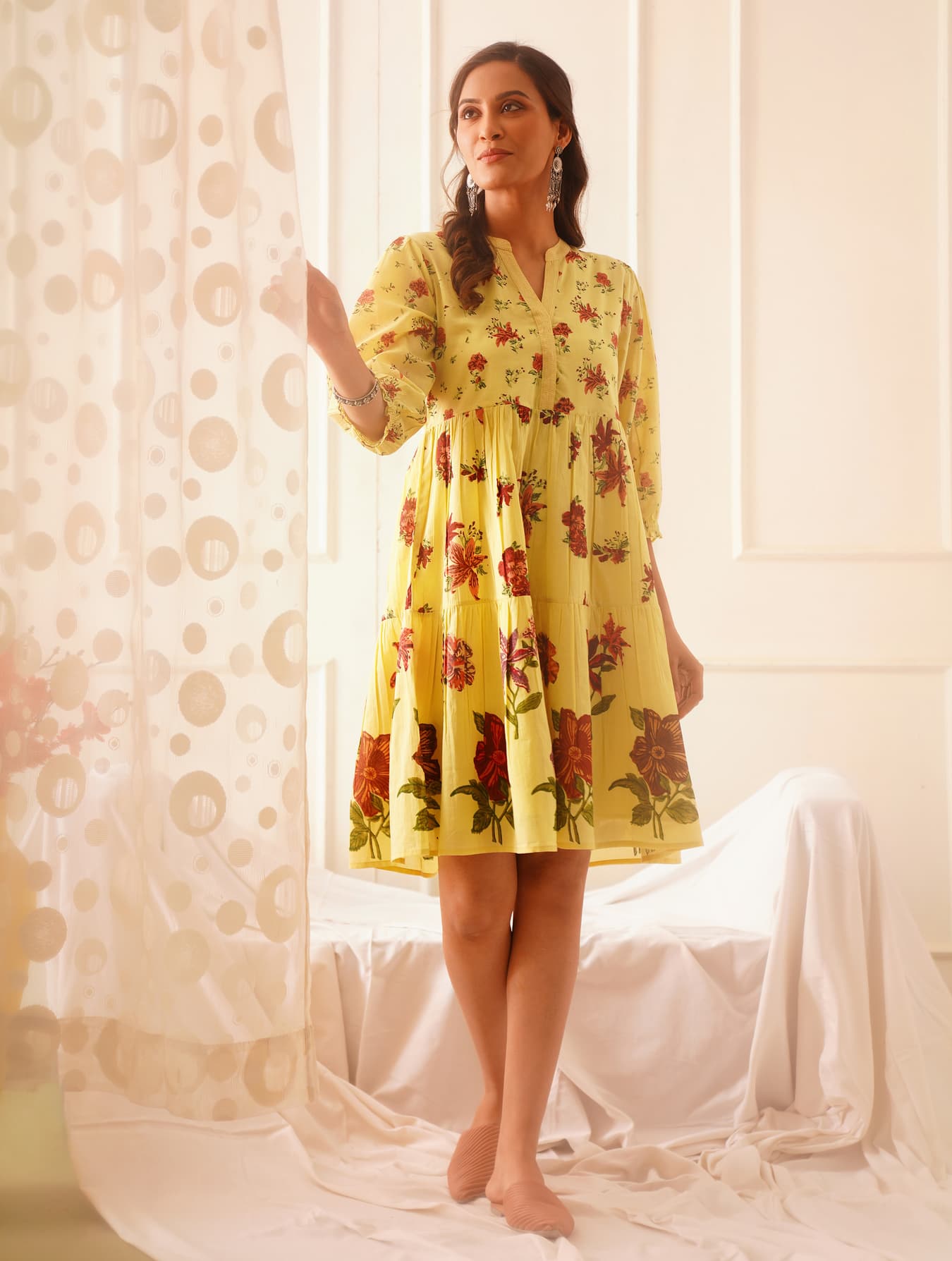 Women's Yellow Casual Floral Three Quarter Sleeves A-Line Dress
