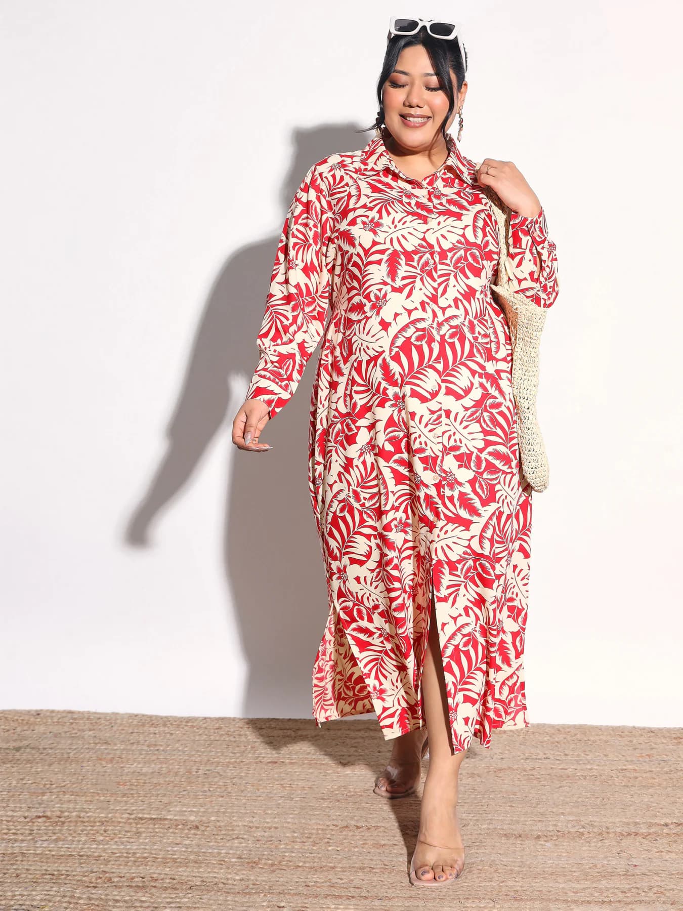 Women's Red Floral Longline Shirt Dress