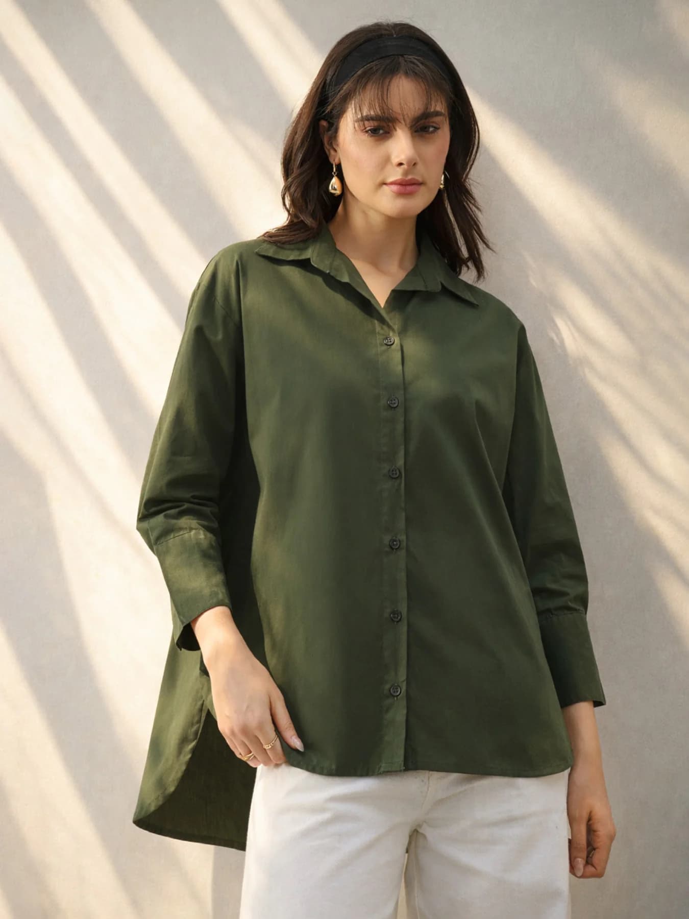 Women's Green Heigh low Oversized Boxy Poplin Shirt