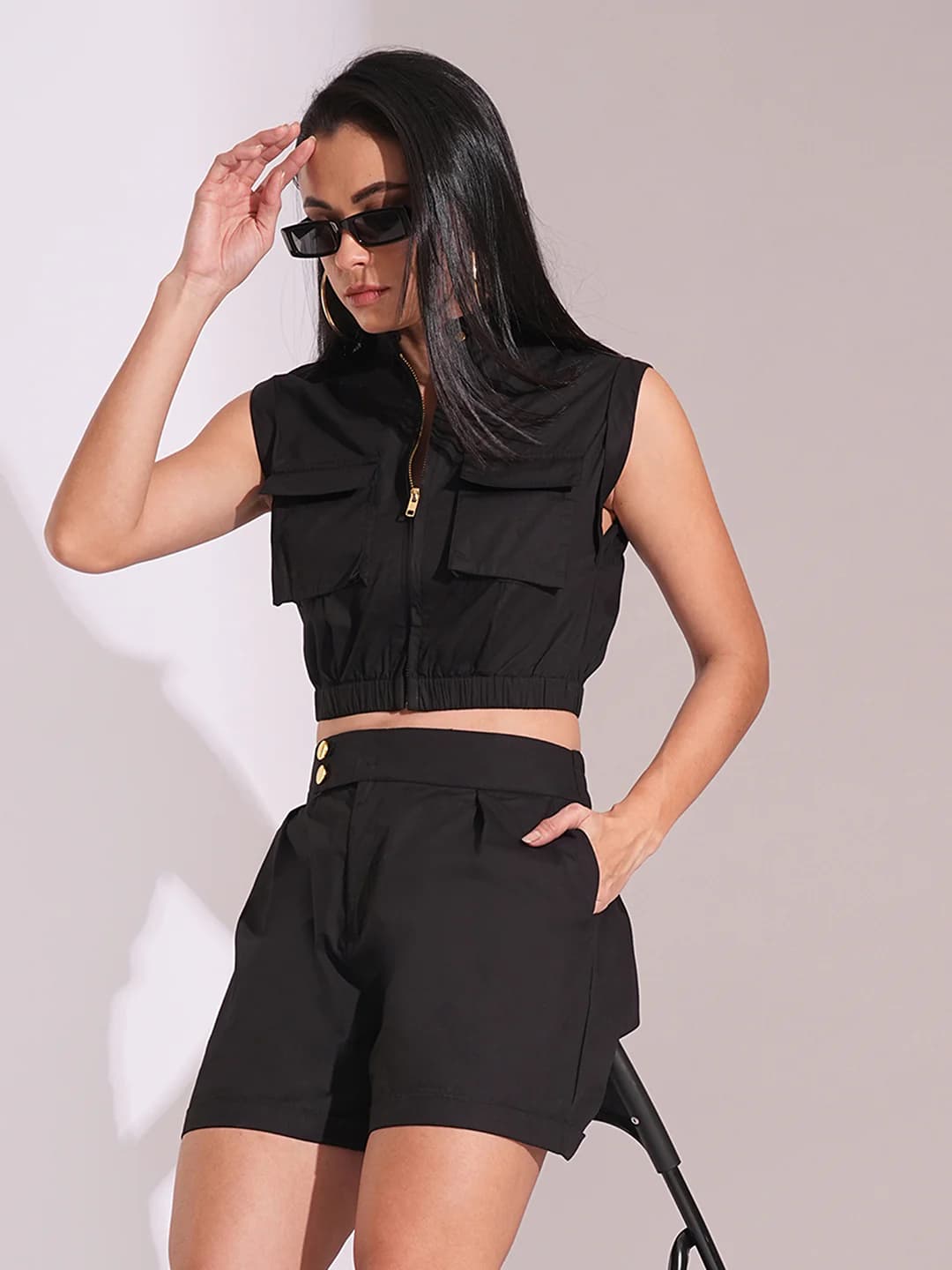 Women's Black Casual Solid Sleeveless Crop Top and Mid Rise Shorts