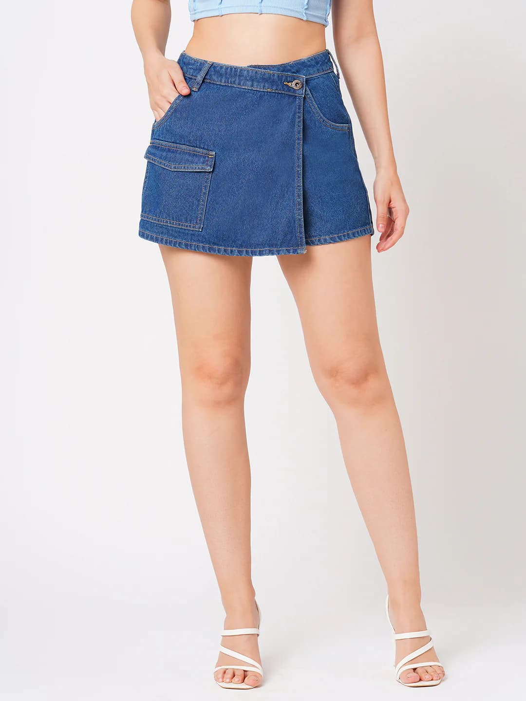 Women's Blue Casual Solid Slim Fit Mid Rise Mini Shorts