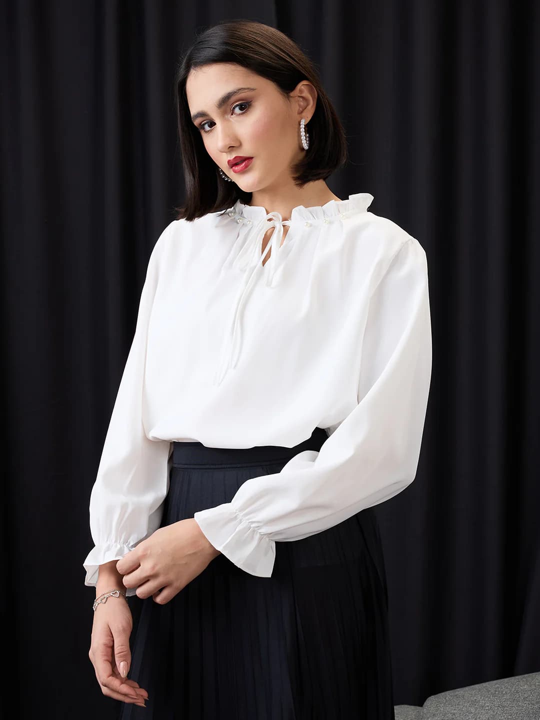 Women's White Formal Solid Regular Fit Pearl Detail Frilled Tie-Up Neck Top