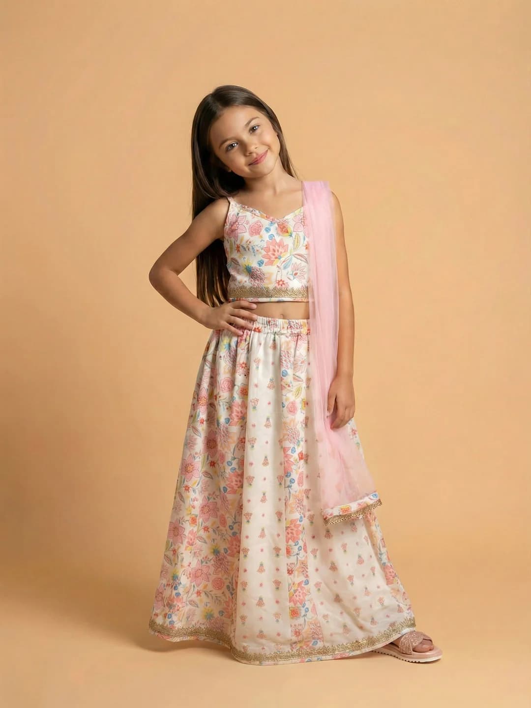 Girls Pink Cotton Blend Woven Festive Floral Print Lehenga and Choli Set