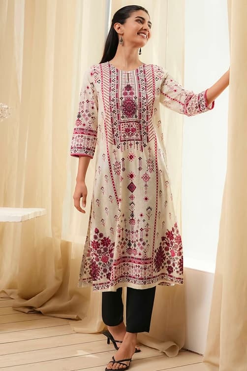 Women's Multicolor and Pink Cotton Straight Kurta