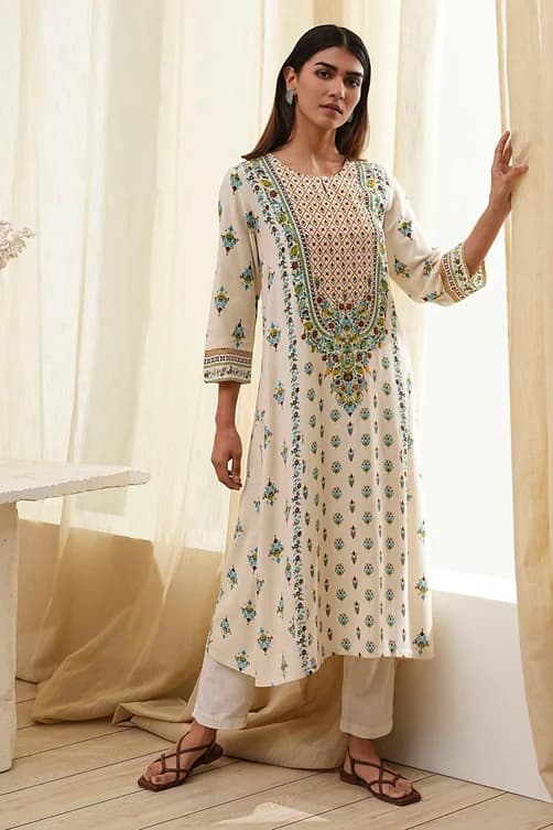 Women's Cream-Colored Printed Straight Kurta