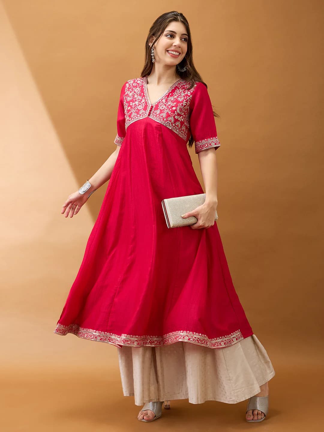 Women's Pink Casual Regular Fit Solid Half Sleeves Kurta