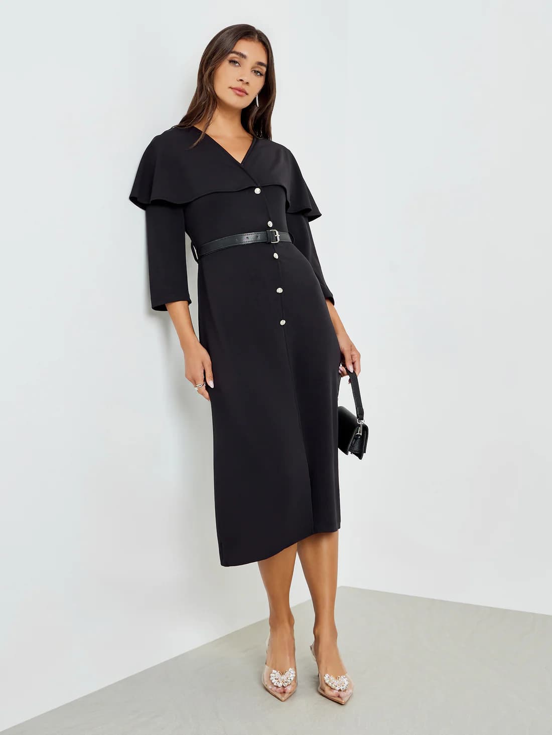 Women's Black Solid Long Sleeves Synthetic Casual A-Line Midi Dress