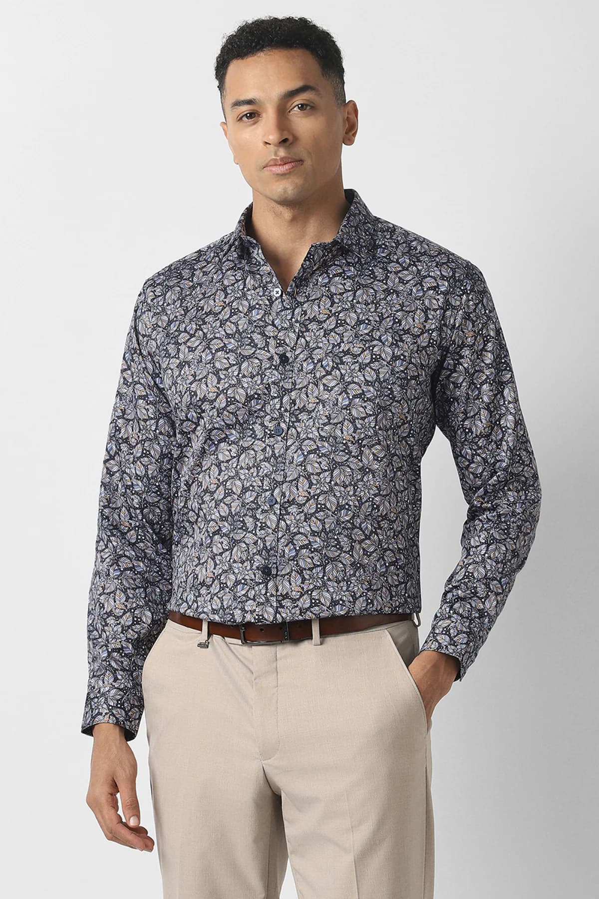 Men's Grey Caual Slim Fit Printed Full Sleeves Shirt