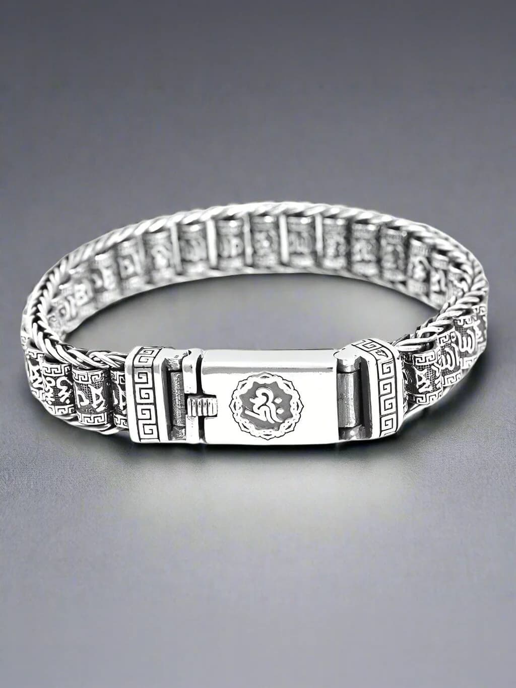 Men's and Boys Six Sign Mantra Link - 11.5 Mm Pure Alloy Bracelet with Open Box Clasps - 8 Inch