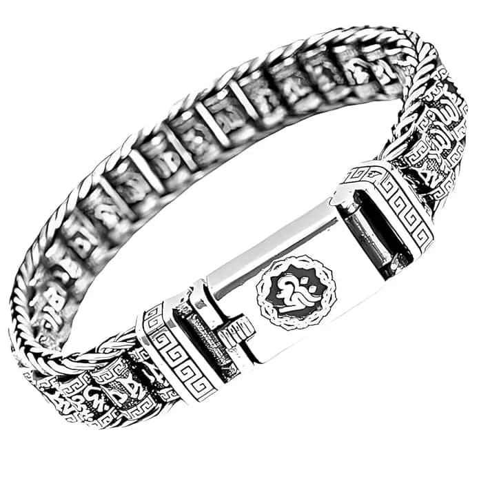 Men's and Boys Six Sign Mantra Link - 11.5 Mm Pure Alloy Bracelet with Open Box Clasps - 8 Inch