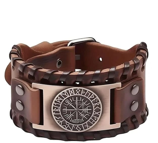 Men's and Boys Wayfinder Viking Brown - 38 Mm Wide Genuine Leather Adjustable Cuff Bracelet with Stainless Steel Hook