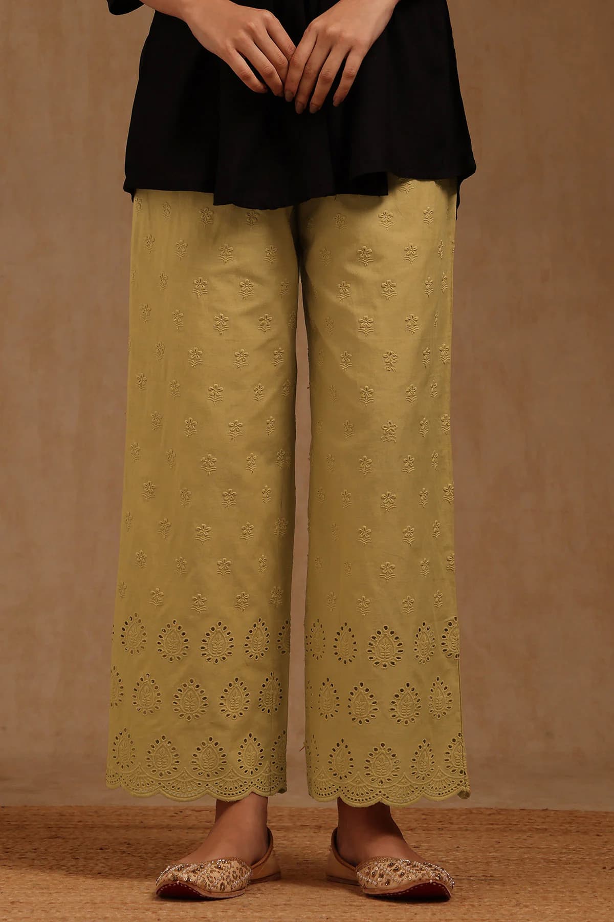 Women's Beige Casual Embroidered Regular Fit Palazzo