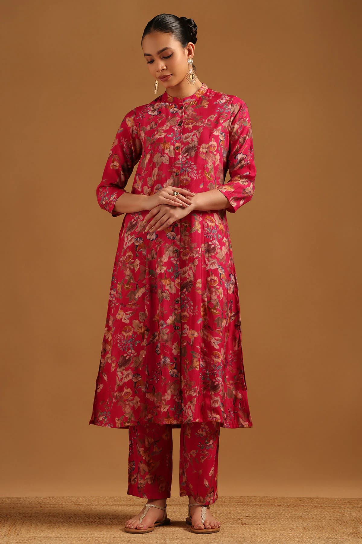 Women's Pink Festive Printed Mandarin Collar Kurta With