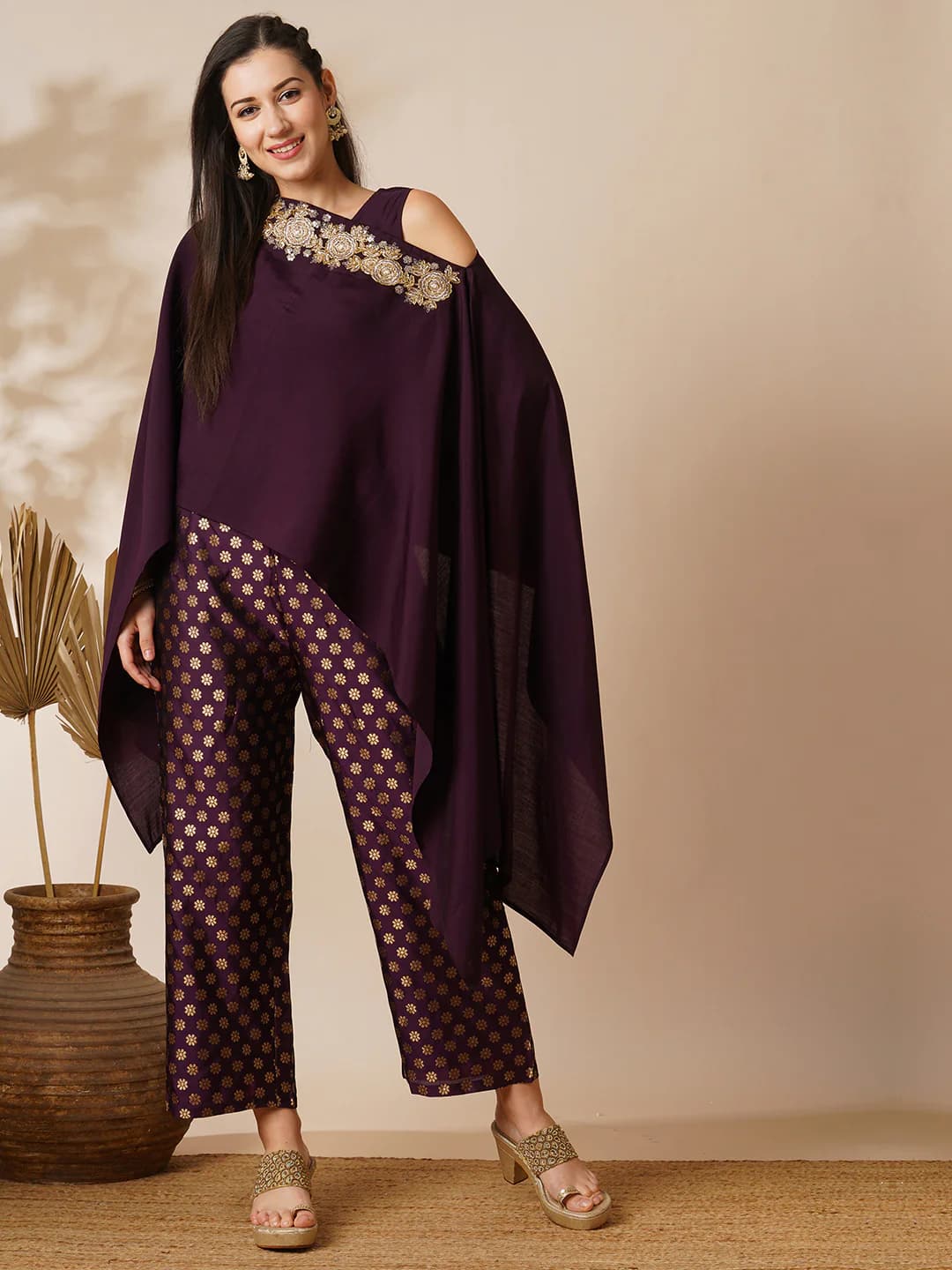 Women's Purple Party Embroidered Regular Fit Asymmetrical A-Line Top and Self-Design Trouser