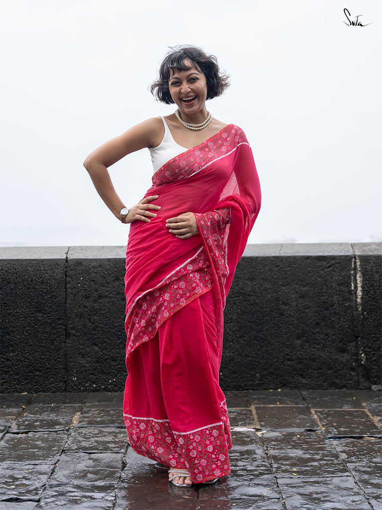 Women's Pink Mul Cotton Saree