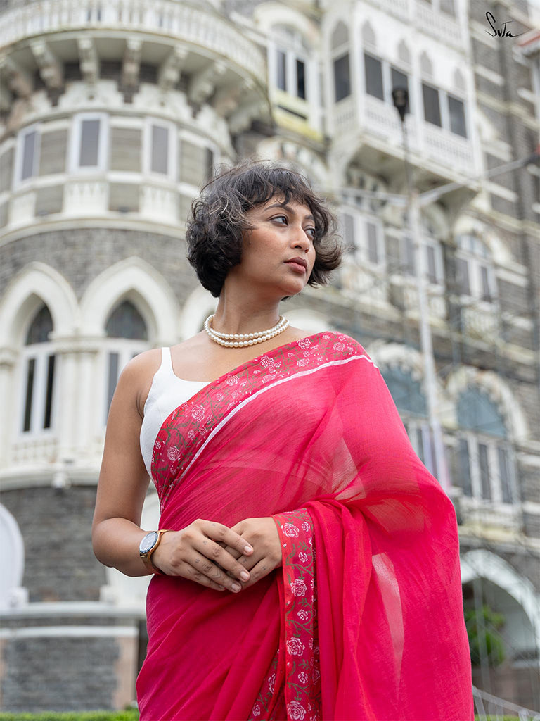 Women's Pink Mul Cotton Saree