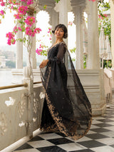 Women's Black Viscose Organza Saree