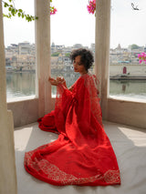 Women's Red Viscose Organza Saree