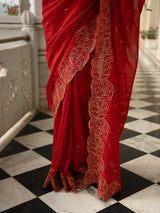Women's Red Viscose Organza Saree