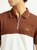 Mens Half Sleeves Brown Subtle Varsity Slim Fit Polo Tshirt