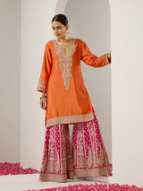 Women's Orange Polyester Chinon 3 Pieces Kurta Set