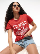 Women's Red Casual Printed Half Sleeves Tshirt