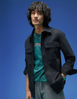 Men's Black Casual Regular Fit Solid Full Sleeves Shacket