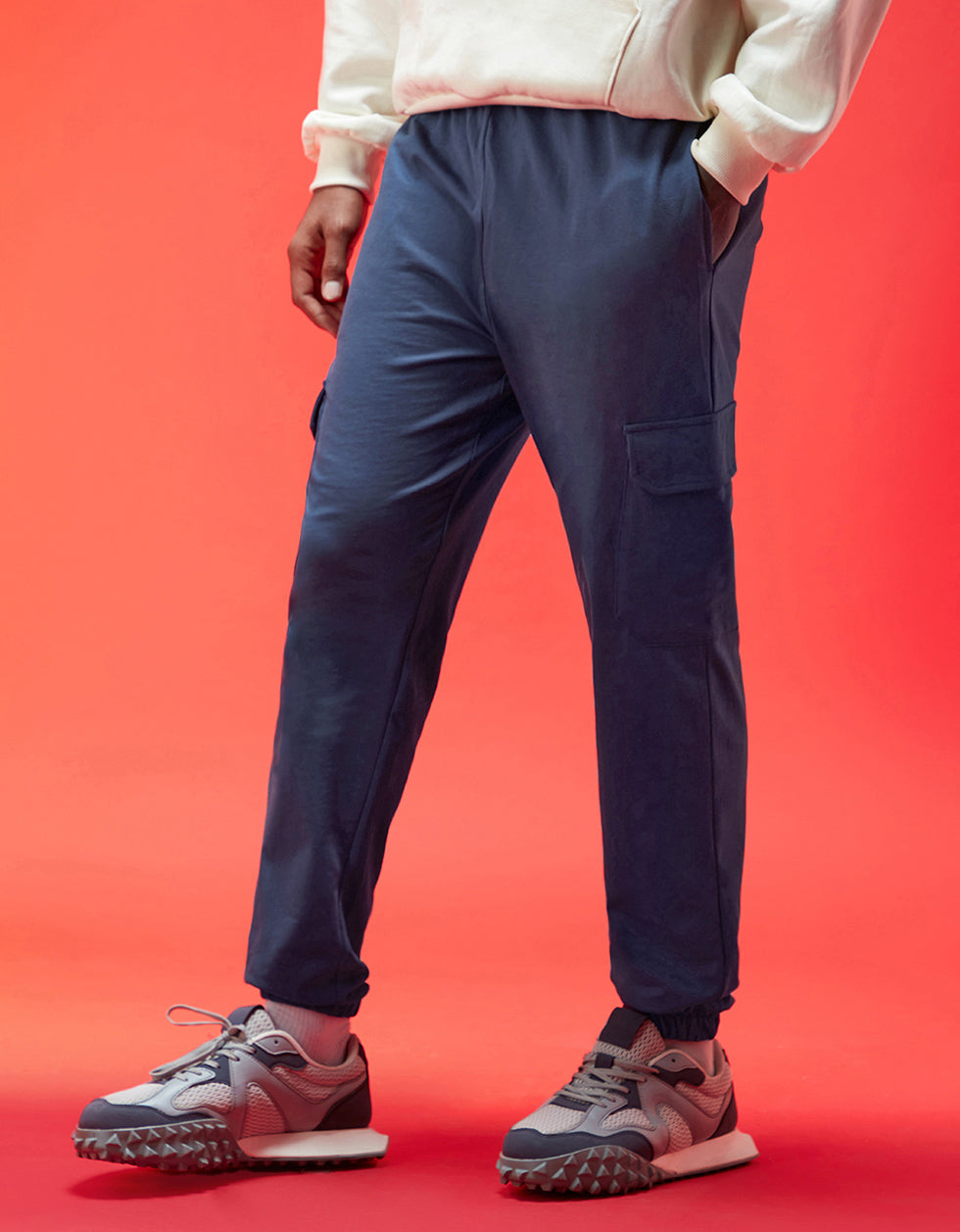Men's Blue Casual Baggy Fit Solid Cargo