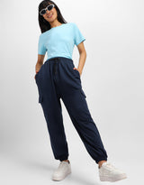 Women's Navy Casual Solid Wide Leg Jogger