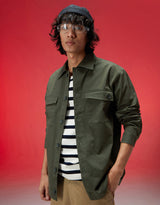 Men's Green Casual Regular Fit Solid Full Sleeves Shacket