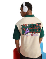 Men's Beige Casual Oversized Fit Printed Half Sleeves Polo Tshirt