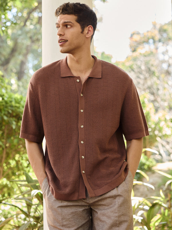 Men's Brown Casual Relaxed Fit Solid Half Sleeves Shirt