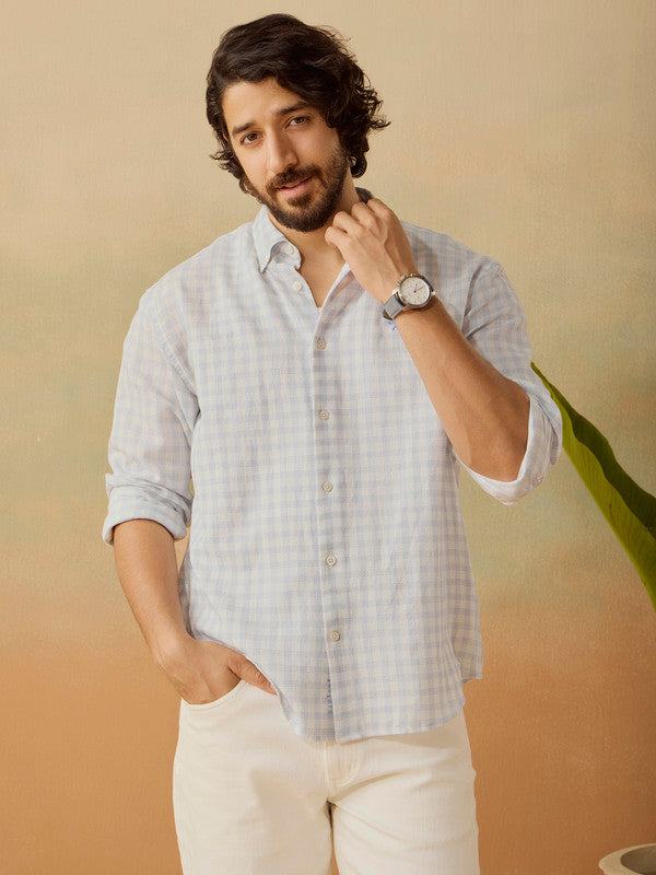 Men's Blue Casual Relaxed Fit Checkered Full Sleeves Shirt