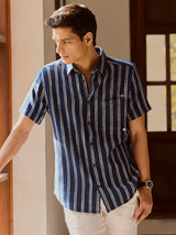 Men's Blue Casual Regular Fit Striped Half Sleeves Shirt
