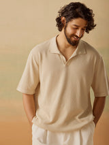 Men's Beige Casual Relaxed Fit Solid Half Sleeves Polo Tshirt