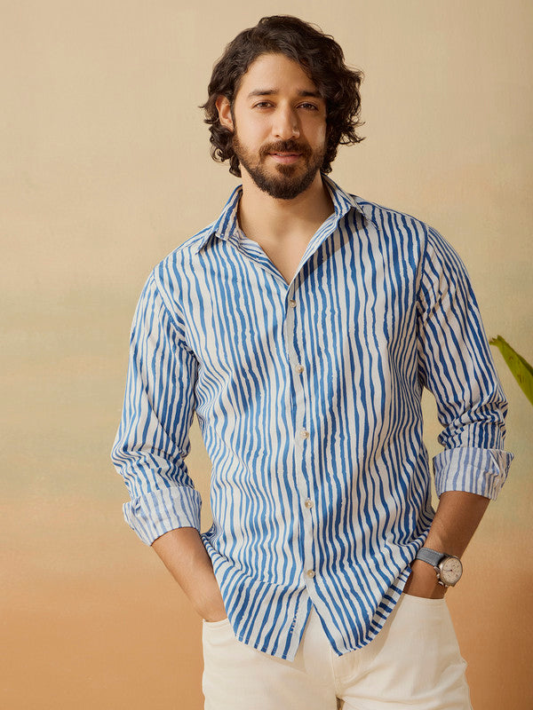 Men's Blue Casual Regular Fit Printed Full Sleeves Shirt