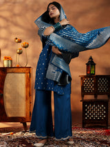 Women's Blue Motif Short Kurta With Solid Wide Leg Palazzo and Woven Design Dupatta