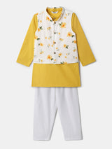Boys Multicolor Cotton Festive Kurta Pyjama With Block Print Jacket Set