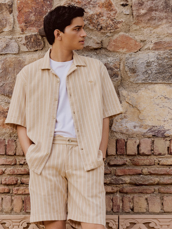 Men's Brown Casual Relaxed Fit Striped Half Sleeves Shirt