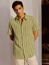 Men's Green Casual Regular Fit Striped Half Sleeves Shirt