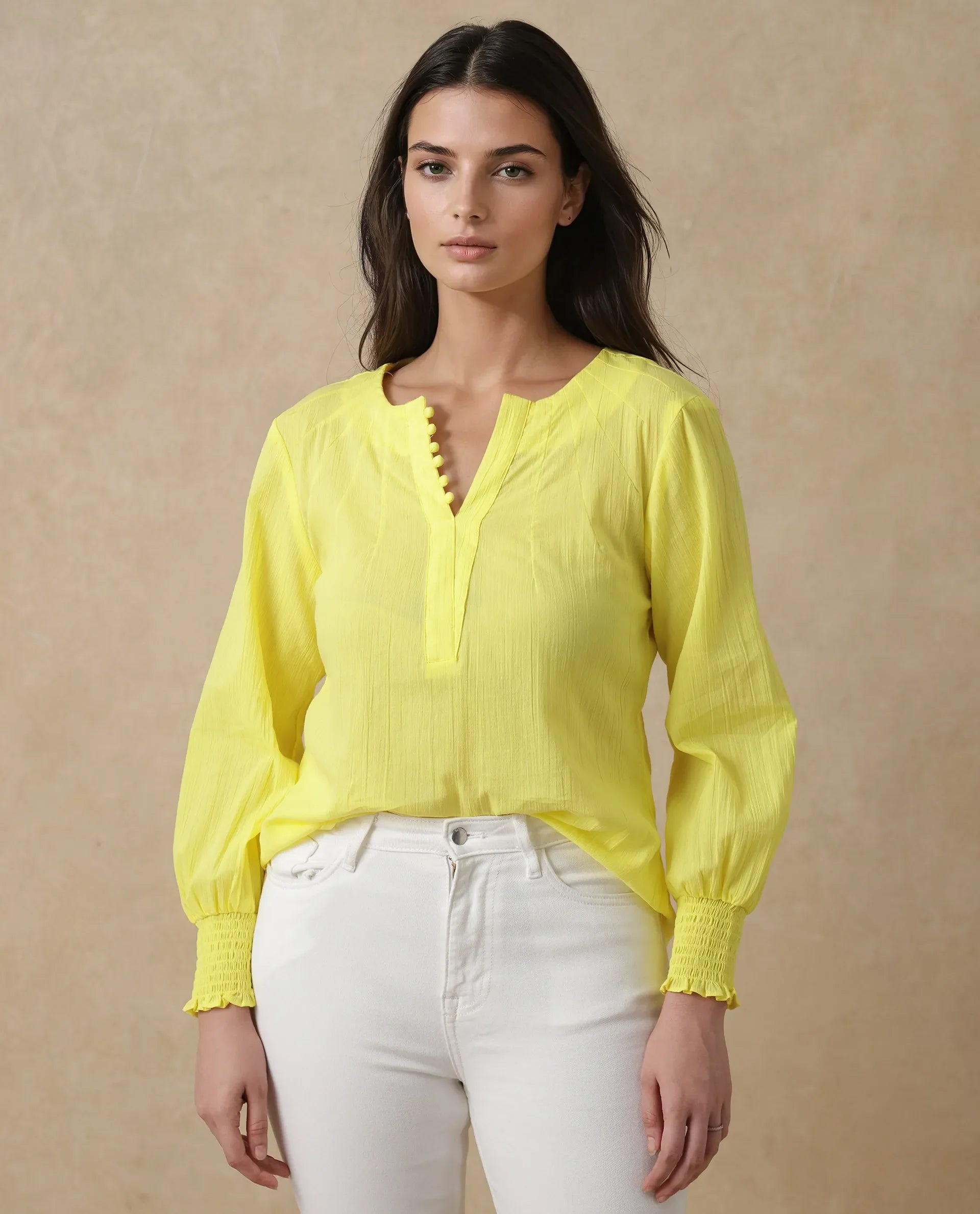 Women's Yellow Casual Full Sleeves Top